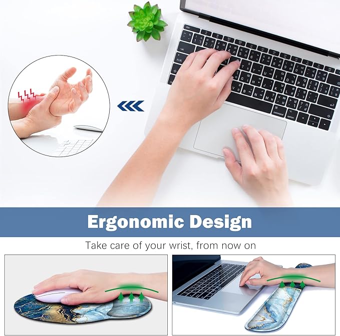 ARTSO Large Mouse Pad Ergonomic Keyboard Wrist Rest Support Set Memory Foam Gel Wrist Pad Extended Desk Mat Protector Non-Slip Desk Blotter Blue Marble