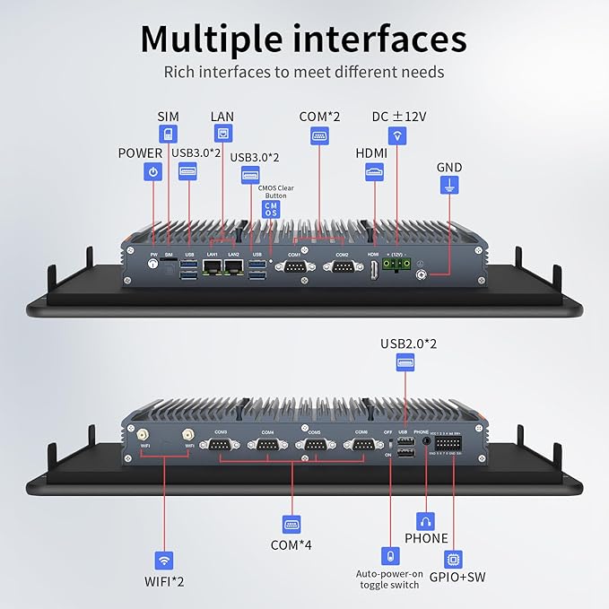 15.6 inch Indusrial Panel PCIndustrial Embedded Panel PCFanless Panel Computer All in One Windows 10 ProJ6412 16GB RAM 512GB ROM4xUSB3.02xUSB2.04xRS232+2xRS4858*GPIOHDMI2xLAN