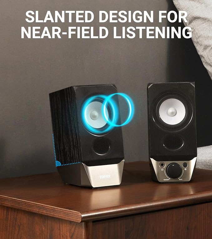 Edifier R19BT 2.0 PC Speaker System with Wooden Cabinet Bluetooth 5.3 Full Stereo Sound Strong Bass Volume Control 3.5mm Input/USB-A Sound Card for Computer/TV/Smartphone/Tablet - Black