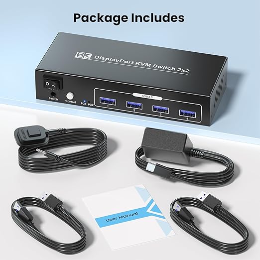 8K@60Hz Dual Monitor Displayport KVM Switch 2 Monitors 2 Computers USB 3.0 4K@120Hz DP KVM Switch for 2 PCs Share 2 Monitors and 4 Port USB 3.0 to Connect Keyboard Mouse Printer and More