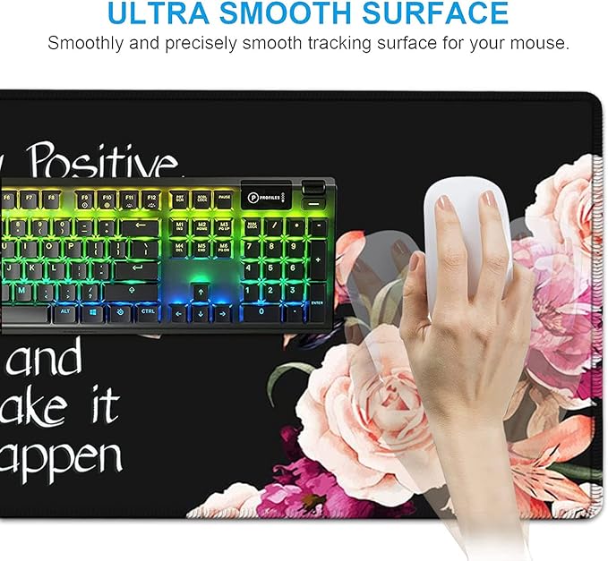 Large Mouse Pad with Wrist Support SetMemory Foam Keyboard Wrist Rest +XXL Extended Gaming Mouse Pad + Ergonomic Mouse Wrist PadPeony Flower Inspirational Quotes Office Black Desk Pad for Women Men