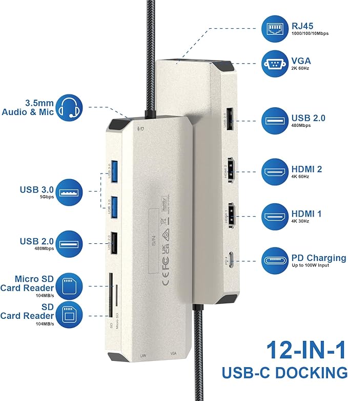 WAVLINK USB C Docking Station Dual Monitor for Dell HP Surface Lenovo MacBook Laptop Triple Display USB-C Hub Multiport Adapter Dongle- 2 HDMI VGA Ethernet100W PD 5 USB SD/TF Card ReaderAudio