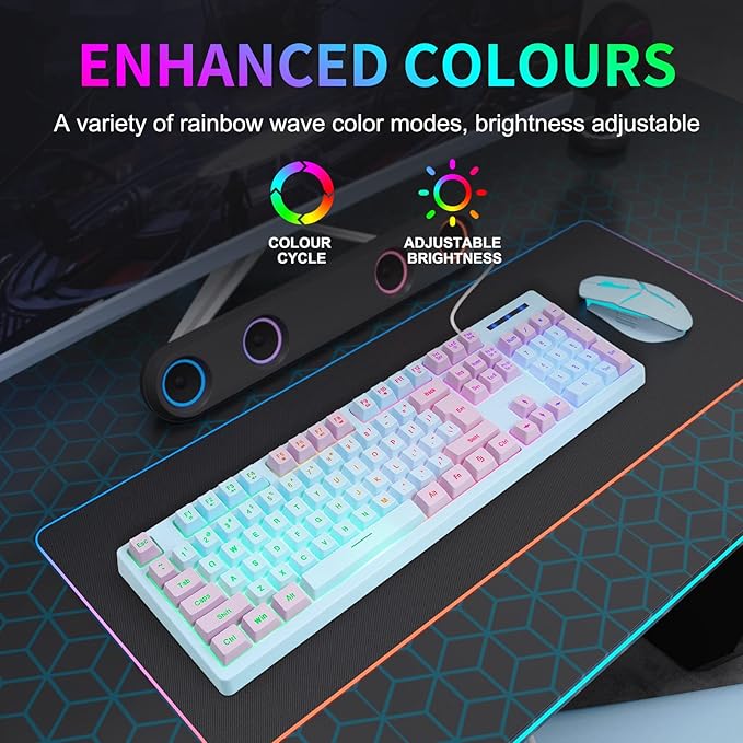 HUO JI Gaming Keyboard USB Wired with Rainbow LED Backlit Floating Keys Mechanical Feeling Spill Resistant Ergonomic for Xbox PS Series Desktop Computer PC Blue Purple