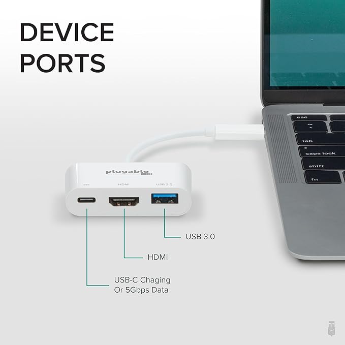 Plugable USB C to HDMI Multiport Adapter Driverless 3-in-1 Hub with 4K HDMI Output USB 3.0 and USB-C Charging Port Compatible with MacBook Chromebook Dell XPS Thunderbolt 3 and More