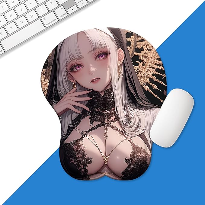 Japanese Style 3D Anime Sexy Wrist Rest Mouse Pad 3D Hot Anime Girl Gaming Mouse Pad Computer Accessroies Anti-Slip Base Silly Gift (Black Nun)