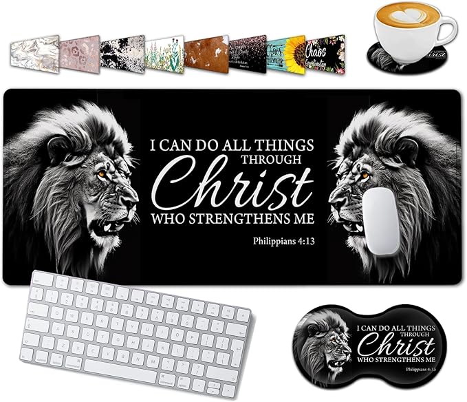 Large Gaming Mouse Pad31.5x11.8in Extended Computer Mouse Mat with Non-Slip PU Base Ergonomic Memory Foam Keyboard Wrist Rest for Work Gaming Fierce Lion Philippians 4:13 Black Office Desk Pad