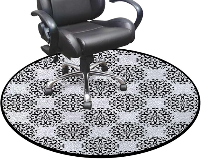 Grey White Gaming Chair Mat Office Chair Mat for Carpeted Round Area Rug Swivel Chair Mats for Hardwood Floor Tree with Leaves Inside Circles Monochrome Diameter 35.4 in