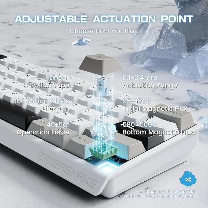 ATTACK SHARK MAMBASNAKE X60HE Rapid Trigger Magnetic Switch 60% RGB Wireless Mechanical Gaming keyboard2.4Ghz/BT/Wired8KHZ Polling Rate0.01mm Adjustable ActuationWeb Driver for PC(White+8 Keycaps)