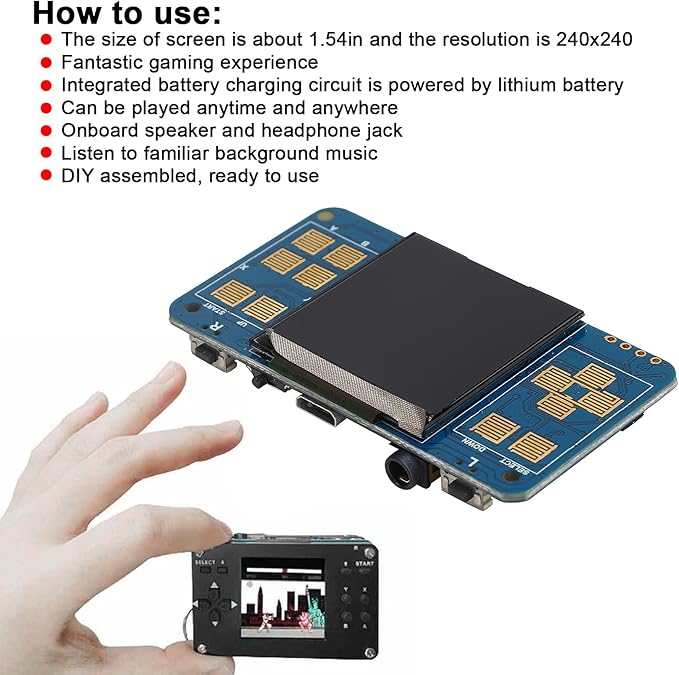 Estink Gamepi 1.54In DIY Assembly LCD Monitor with Speaker Kit Use Anytime Anywhere Compatible with for Rasberry Pi Zero/Zero W/Zero WH
