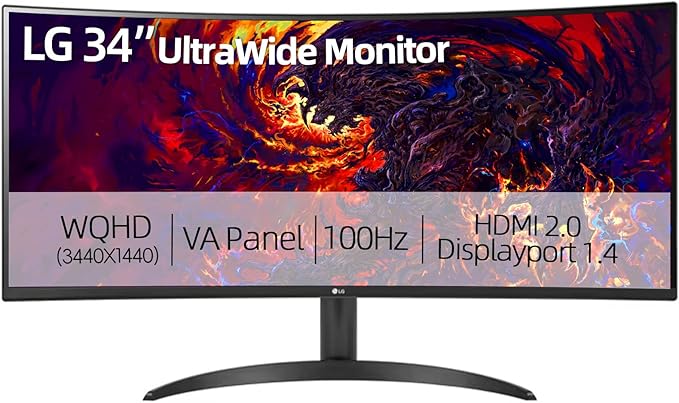 LG 34 WQHD Curved Monitor 100Hz IPS HDR 10 AMD FreeSync PBP Auto Input Switch Dual Controller 1 x DisplayPort 2 x HDMI Black