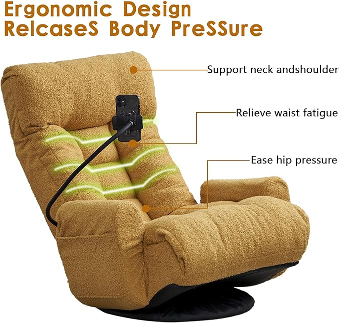 Gaming Lounge Chair Swivel Floor Gaming Chair Adjustable Head and Waist with Armrests &amp Side Pocket &amp Phone Holder Floor Rocker Gaming Chairs for E-Sports Reading Relaxing Watching TV (Y