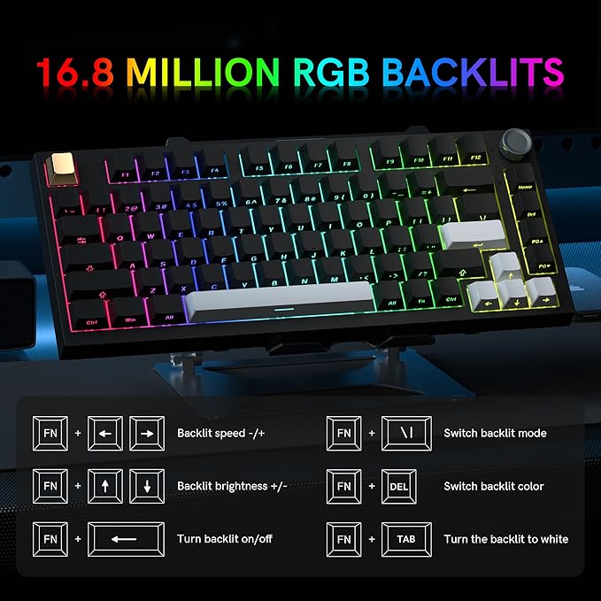 Keymatic Wireless Mechanical Keyboard75% Hot Swappable Custom Keyboard with KnobRGB BacklitSide Printed PBT Keycaps2.4GHz/USB-C/BT5.0 Mechanical Gaming Keyboards