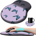 Mouse Pad with Wrist Support Gel Cute Purple Butterfly Pattern Design Ergonomic Gaming Mousepad with Wrist Rest for Laptop Computer Home Office Working Mouse Mat + A Cute Coffee Pad