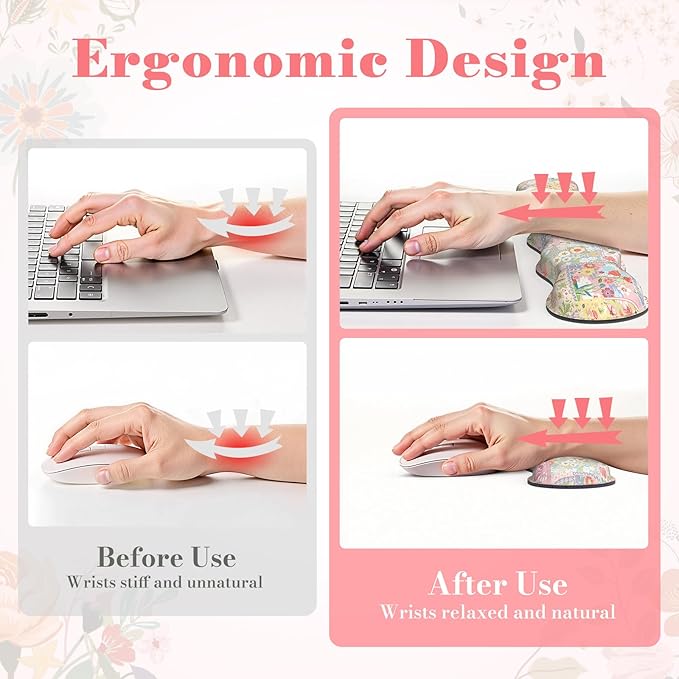 iLeadon Cute Floral Desk Mat Set Non Slip Mouse Pad with Wrist Support Wrist Pad for Keyboard Desk Mat with Wrist Rest Ergonomic Mouse Pad Set for Women Home Office (Pink)