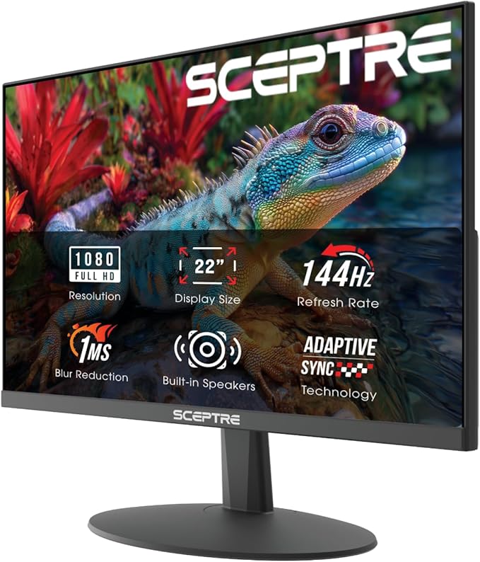 Sceptre New 22-Inch Gaming Monitor FHD 1080p Up to 144Hz HDMI DisplayPort Built-in Speakers Machine Black (E225W-FW144 Series 2026)