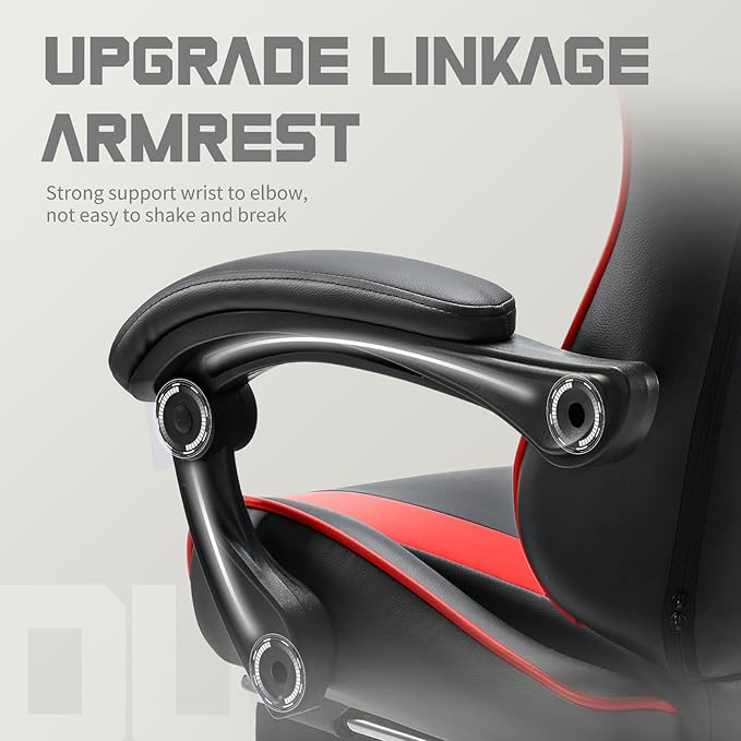 DUMOS Ergonomic Gaming Office Desk Chair with Footrest and Headrest for Adults PU Leather Video Computer Chair with Linkage Armrests Height Adjustable 360° Swivel Recling Chair Black Red