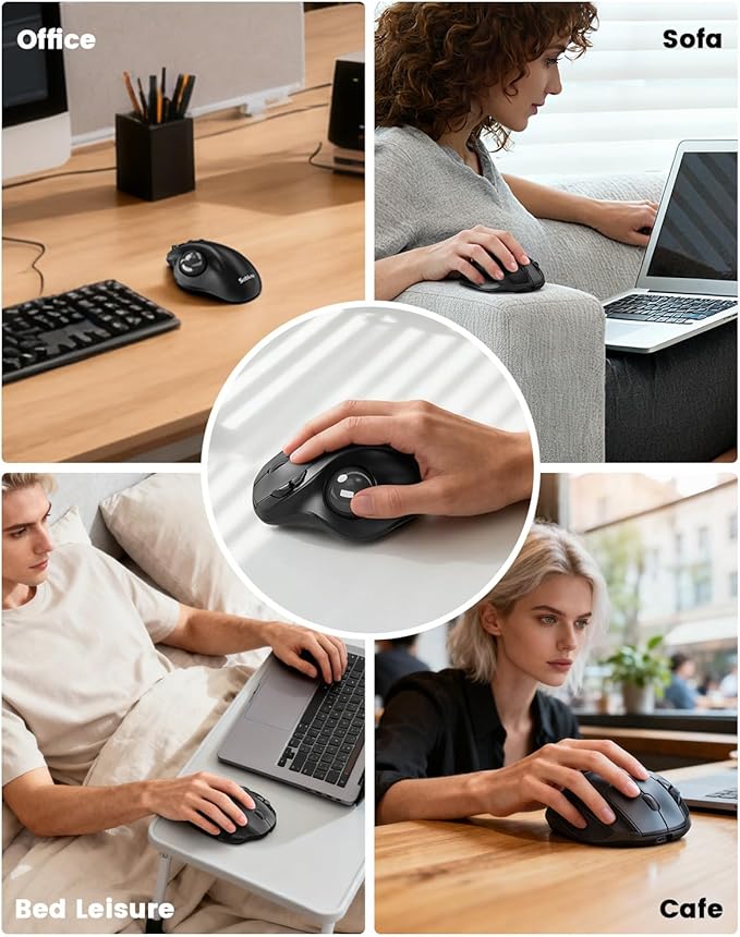 SABLUTE MAM2 Wireless Trackball Mouse with 5-Level DPI Ergonomic Mouse 2.4G Plug-and-Play for 3 Devices (Bluetooth or USB Receiver) 500mAh Battery Compatible with PC/Laptop/Mac/Windows-Grey Ball