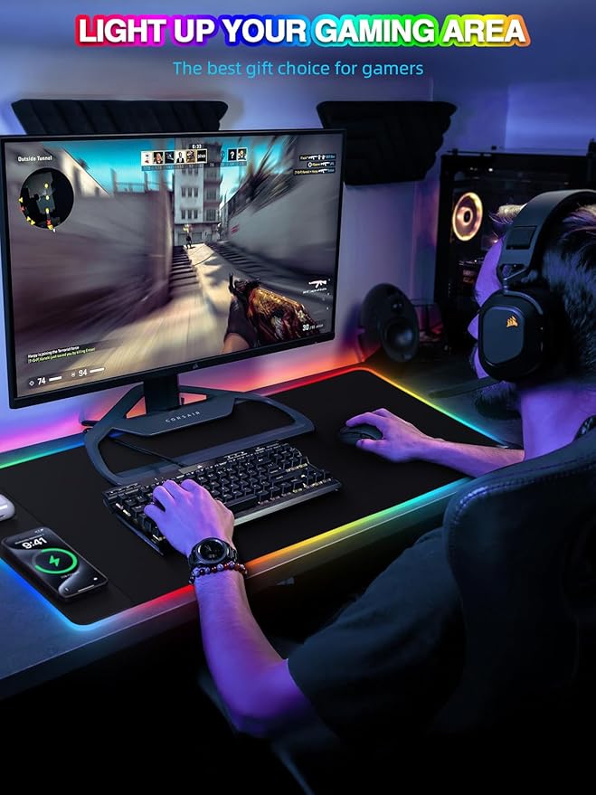 RGB Desk Mat with 15W Fast Charging Mouse Pad Wireless Charging Large Gaming Mousepad for Desk Pad Waterproof Non-Slip