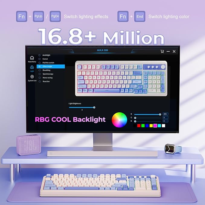 AULA S99 Wireless Keyboard Tri-Mode Bluetooth/2.4GHz/USB-C Cute Creamy Gaming Keyboard with Number Pad RGB Backlit Media Knob Custom Computer Keyboards for MAC Xbox PC Gamer - Gradient Purple