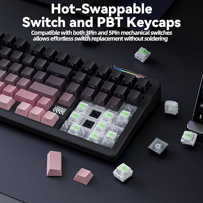 LINGBAO K98 - 96% Wireless Mechanical Keyboard Tri-Mode BT5.0/2.4GHz/USB-C Creamy Keyboard with Number Pad Gasket Hot Swappable Linear Switches RGB Backlit Gaming Keyboards for Win/Mac/PC (Pink)