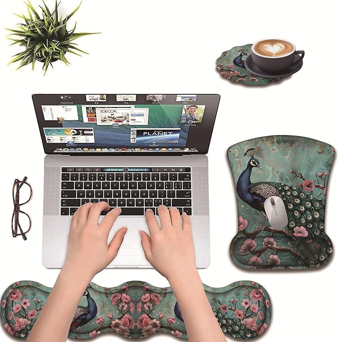 3 in 1 Keyboard Wrist Rest + Mouse Pad and Coaster Ergonomic Gel Mouse Pad and Keyboard Pad Set Comfortable Lightweight for Easy Typing Pain Relie Peacock