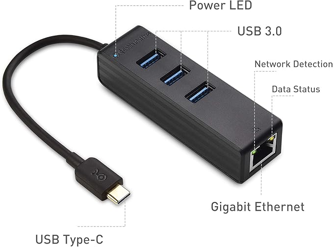 Cable Matters 4-in-1 USB C Hub Ethernet Support Gigabit Network USB C Ethernet Hub Thunderbolt LAN Adapter with 10/100/1000Mbps Network Black