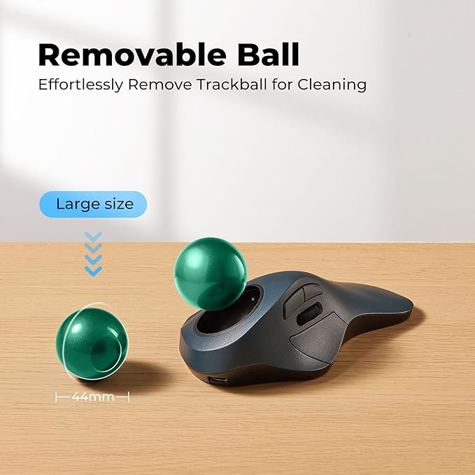 Wireless Trackball Mouse for Large Hands Ergonomic Index Finger Control Rechargeable Bluetooth/USB Mouse with Precise Smooth Tracking Multi-Device Connection for Windows &amp Mac Green