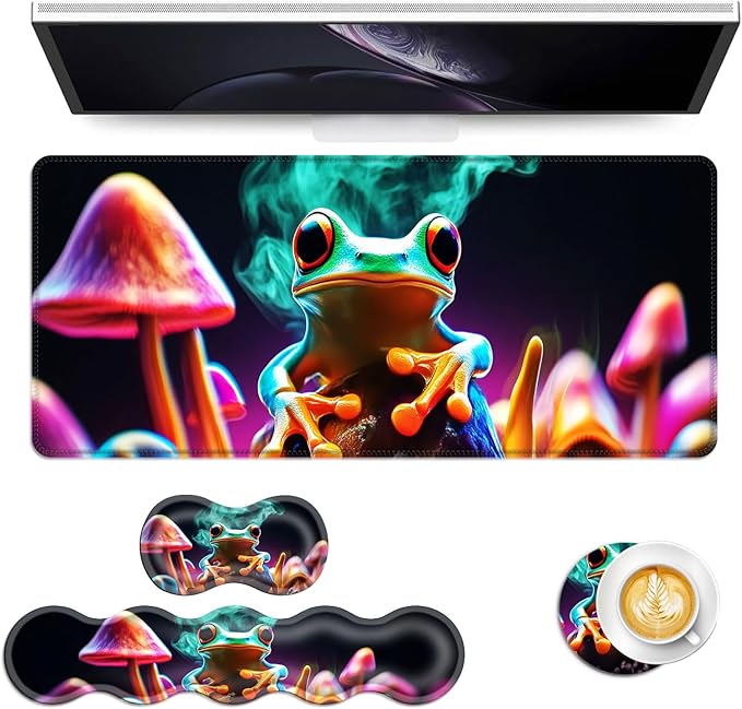 Keyboard Mouse Pad Set Extended Gaming Mouse Pad+Ergonomics Keyboard Wrist Rest Support Memory Foam Easy Typing Pain Relief 4Pcs XL Ultra Thick Desk MatPsychedelic Frog Mushroom