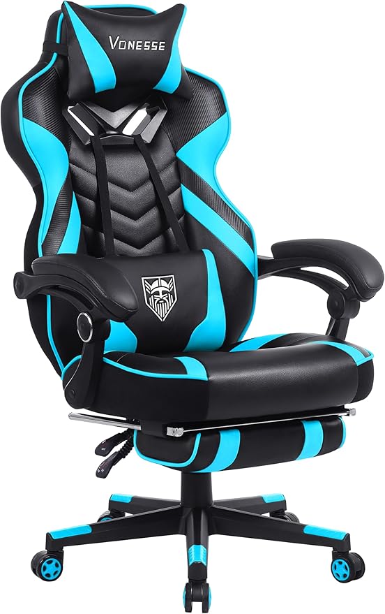 Vonesse Gaming Chair Big and Tall Gaming Chair with Footrest and Massage Gaming Chairs for Adults with Lumbar Support Ergonomic High Back Computer Chair with Pocket Spring Cushion (Cyan/Black)