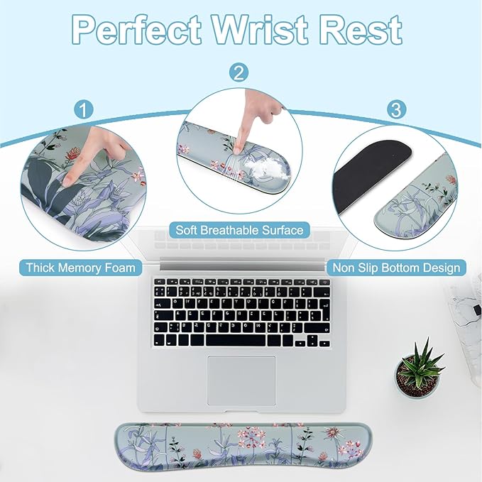 MEGREZ 4-in-1 Ergonomic Memory Foam Wrist Rest Set Desk Pad Mouse Pad with Wrist Rest Keyboard Pad Suitable for Office Workers Programmers &amp Gamers–Relieve Typing &amp Gaming Fatigue Blue G