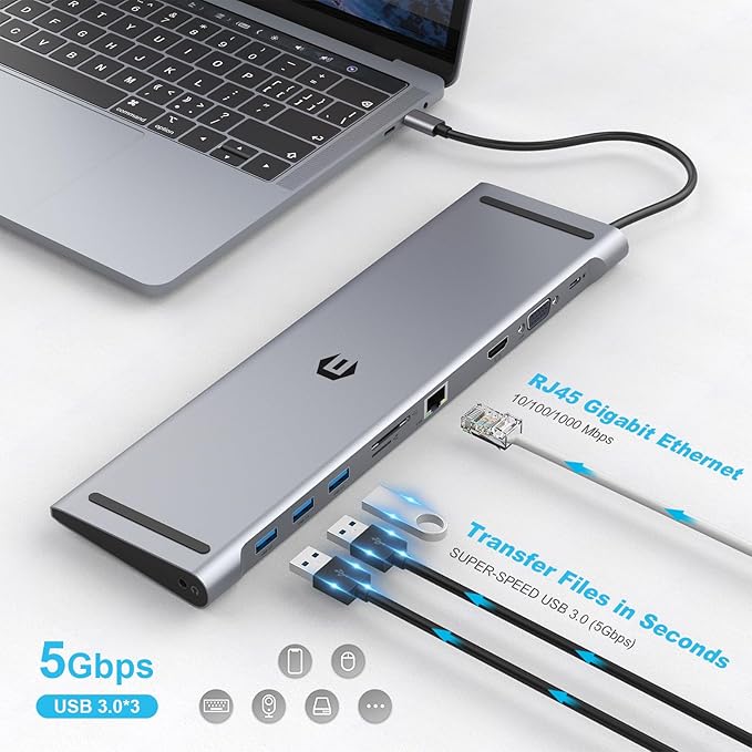 Docking Station10 in 1 Docking Station Dual Monitor with 4k HDMI Vga 3xusb 3.0 Pd 100w Ethernet SD/TF Slots Audio/Mic USB Adapter for Laptop