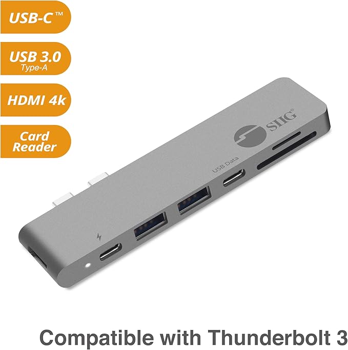 SIIG Thunderbolt 3 Aluminum USB Type C Hub with 4K @30Hz HDMI SD/Micro SD Card Reader 2 USB 3.1 Gen 1 Ports PD Port for 2016/2017 MacBook 13 &amp 15 - Space Gray