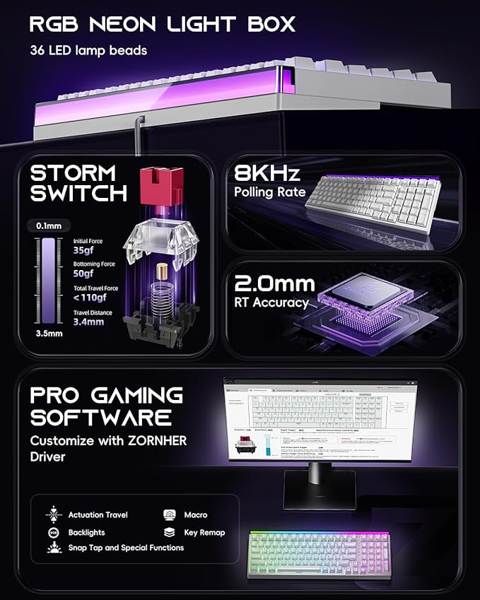 ZORNHER ZH99HE Mechanical Gaming Keyboard Full Size White Gaming Keyboard with Creamy SwitchSoft RGB Backlit Light BoxAdjustable Actuation &amp Rapid Trigger Hall Effect Technology