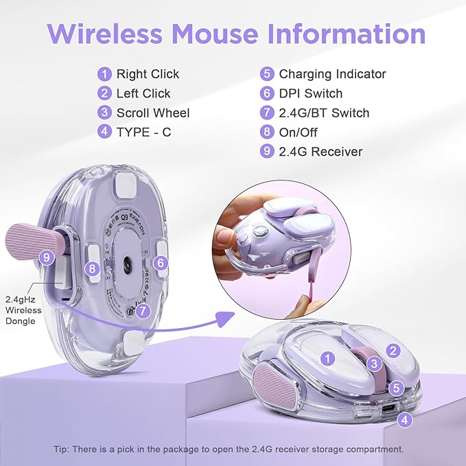 Q9 Chargeable Portable Silent 2.4GHz/Bluetooth Dual Mode Wireless Mouse 4 Adjustable DPI4800 DPI Optical Tracking Mouse with RGB Lighting Compatible Win/Mac/Android/iOS(Purple)