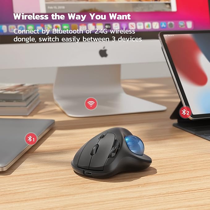 Nulea M501 Wireless Trackball Mouse Rechargeable Ergonomic Easy Thumb Control Precise &amp Smooth Tracking 3 Device Connection (Bluetooth or USB Receiver) Compatible for PC Laptop Mac Windows