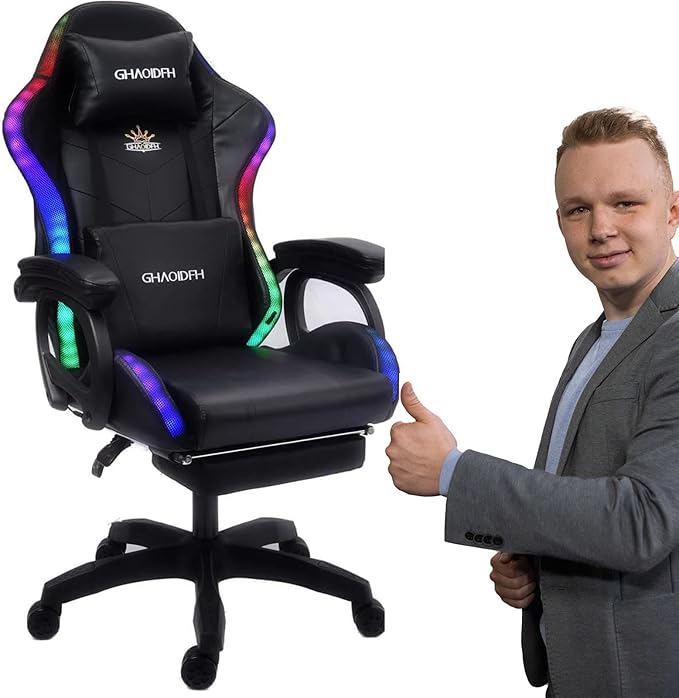 Video Gaming Chair with FootrestGame Chair with Bluetooth SpeakersComputer Chair with LED LightsErgonomic Massage Gaming Chair with Massage Function360°Swivel 90°-135° Adjustment Backrest (Black)
