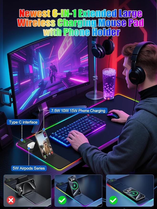 Mouse Pad with Foldable Phone Holder &amp Wireless Charger XXL RGB Gaming Mousepad 31.5x15.8 Large Desk Mat for Keyboard Black Desk Pad with Dual Qi Charging Station | 11 Colors 5 Modes | Waterpr