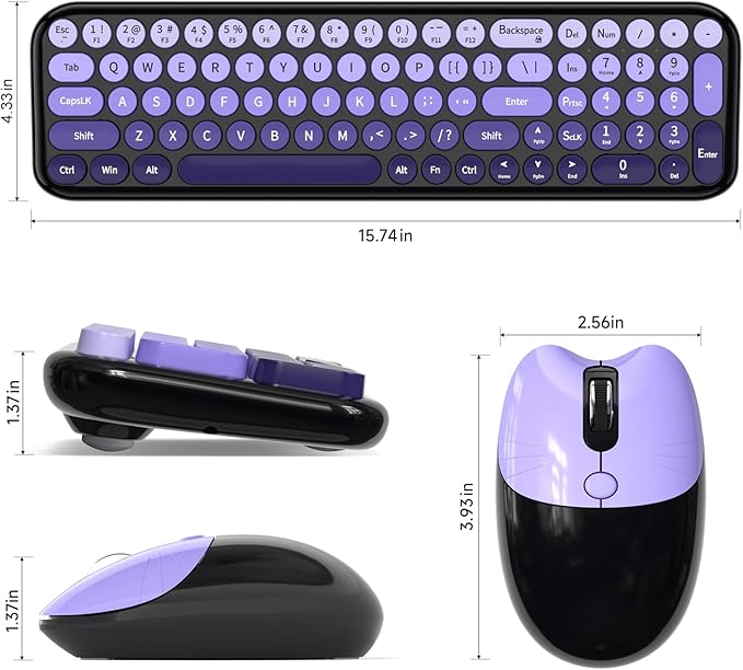Wireless Keyboard and Mouse Combo MOWUX Compact Typewriter Retro Round Computer Keyboard Cute Optical Mouse Wireless Plug and Play for Laptop PC Computer- Black Purple Gradient