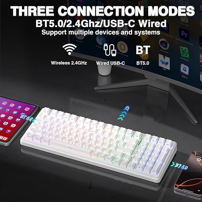 AULA F99 Wireless Mechanical KeyboardTriple-Mode(BT5.0/2.4GHz/USB-C)Gasket Mounted Creamy Keyboard with Linear Switches Side Printed PBT KeycapsRGB Backlit PC Gaming Keyboards for Win/Mac