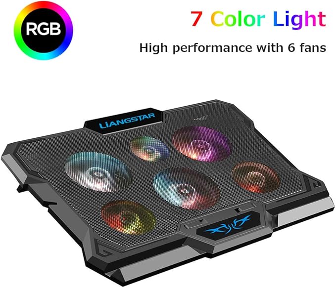 Laptop Cooling Pad Laptop Cooler with 6 Quiet Fans RGB 7 Color Light for 15.6-17 Inch Laptop Cooling Fan Stand Portable Slim USB Powered Gaming Laptop Cooling Pad Switch Control Fan Speed(Black)