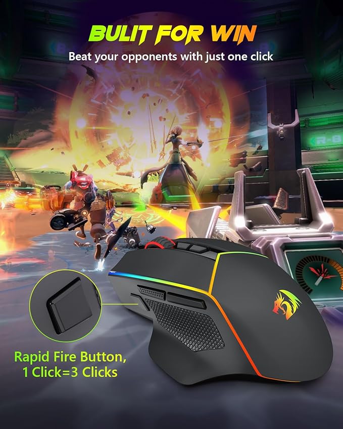 Redragon Wireless Gaming Mouse Tri-Mode 2.4G/Bluetooth/USB-C 7 Programmable Buttons Tactile Rapid Fire Key 8000 DPI RGB Ergonomic Mouse for PC Windows Gaming &amp Work M814