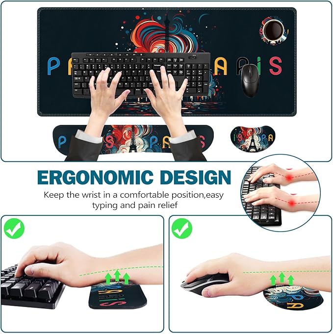 ToLuLu Extended Gaming Mouse Pad Memory Foam Ergonomic Keyboard Mouse Wrist Rest Support Set Large Desk Mat with Stitched Edges Non-Slip Base Mousepad for Home Office and Game Eiffel Tower Paris