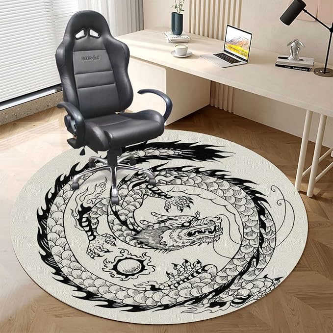 Black and White Gaming Chair Mat Round Floor Mats Japanese Swirled Dragon Mythology Eastern Office Chair Computer Gaming Desk Mat for Rolling Chair Non-Slip Gaming Rug Dragon Diameter 35.4 in