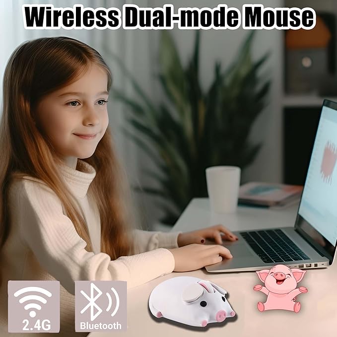 Wireless Bluetooth Mouse Cute Animal Pig Shape Dual Mode Kawaii Silent Portable Lightweight 3-Button 1200DPI Wireless Mouse Battery Powered Gift for Kids Boys Girls for PC Laptops Tablets (White)