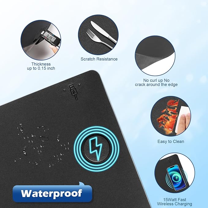 Wireless Charging Desk Mat with Desk Pad for Desktop Charging Large Mouse Pad Waterproof Leather Computer Mat Mouse Pad Non-Slip Protector on Top of Desks for Keyboard and Mouse (black-r 36*17inch)