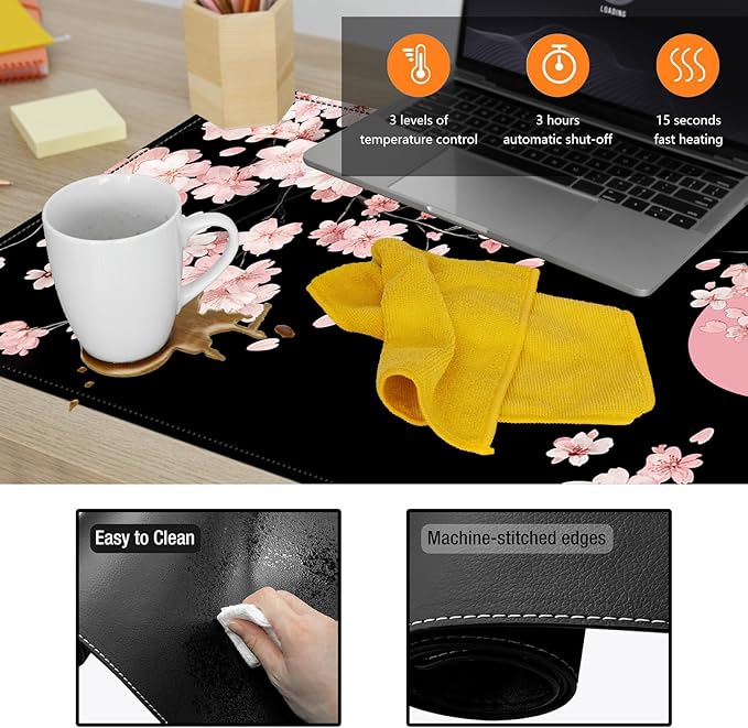 Heated Mouse Pad - 3 Temperature Settings (86°F–122°F)Auto Shut OffLarge 31.5x13 Inch PU Leather Desk Mat for OfficeGamingCold Hands ReliefPink Cherry Blossom Moon
