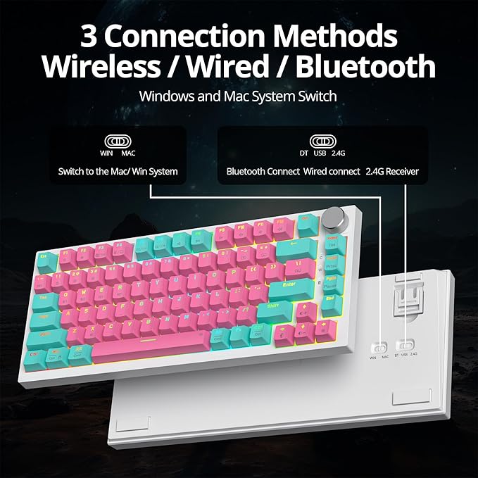 82 Keys Wireless Gaming Keyboard 75 PercentTriple Mode Bluetooth/2.4Ghz/USB Pre-lubed Hot Swappable Mechanical Pink Keyboard w/Knob&ampSound-Absorbing Pads4000mAh Battery for Mac/Win(Miami)
