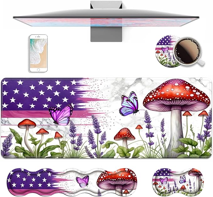 4 in 1 Ergonomic Keyboard Wrist Rest &amp Mouse Pad Wrist Rest Set Large XXL Gaming Desk Mat 31.5x 11.8 with Non-Slip Base Memory Foam for Home Office Study Gaming American Flag Mushroom Butterf