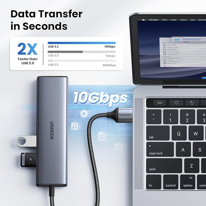 UGREEN USB to Ethernet Adapter 5 in 1 USB Hub with Ethernet with 2* USB-C 3.2 (10Gbps) + 1*USB-A 3.2/1*USB-A 2.0/Gigabit RJ45 Network LAN Internet Dongle Compatible for Laptop MacBook Pro/Air XPS