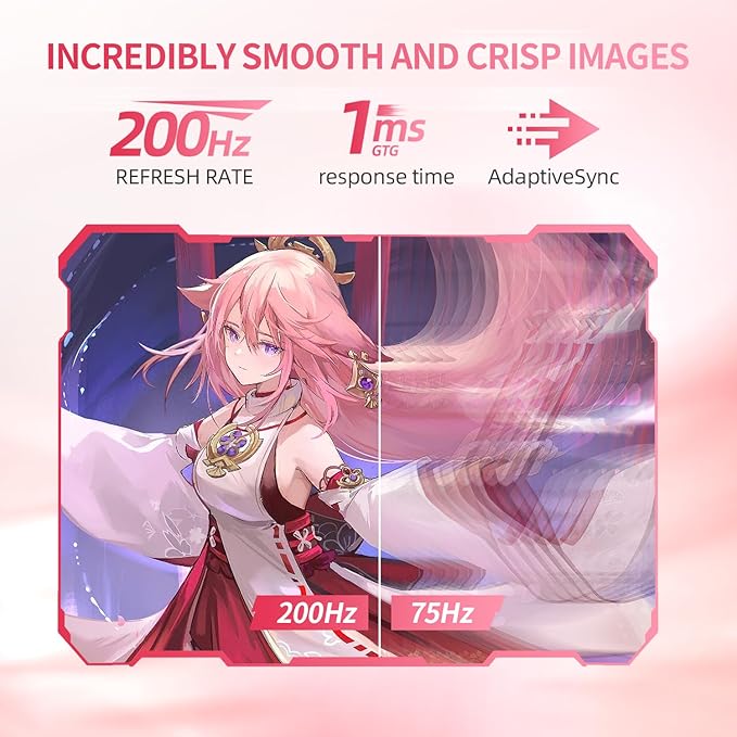 27 Inch Pastel Pink Gaming Monitor QHD 2560x1440 180/200Hz 1ms GTG Fast IPS Computer Monitor 90% DCI-P3 Adaptive Sync Built in Speaker Height/Swivel/Tilt/Pivot Adjustable Stand HDMIDP